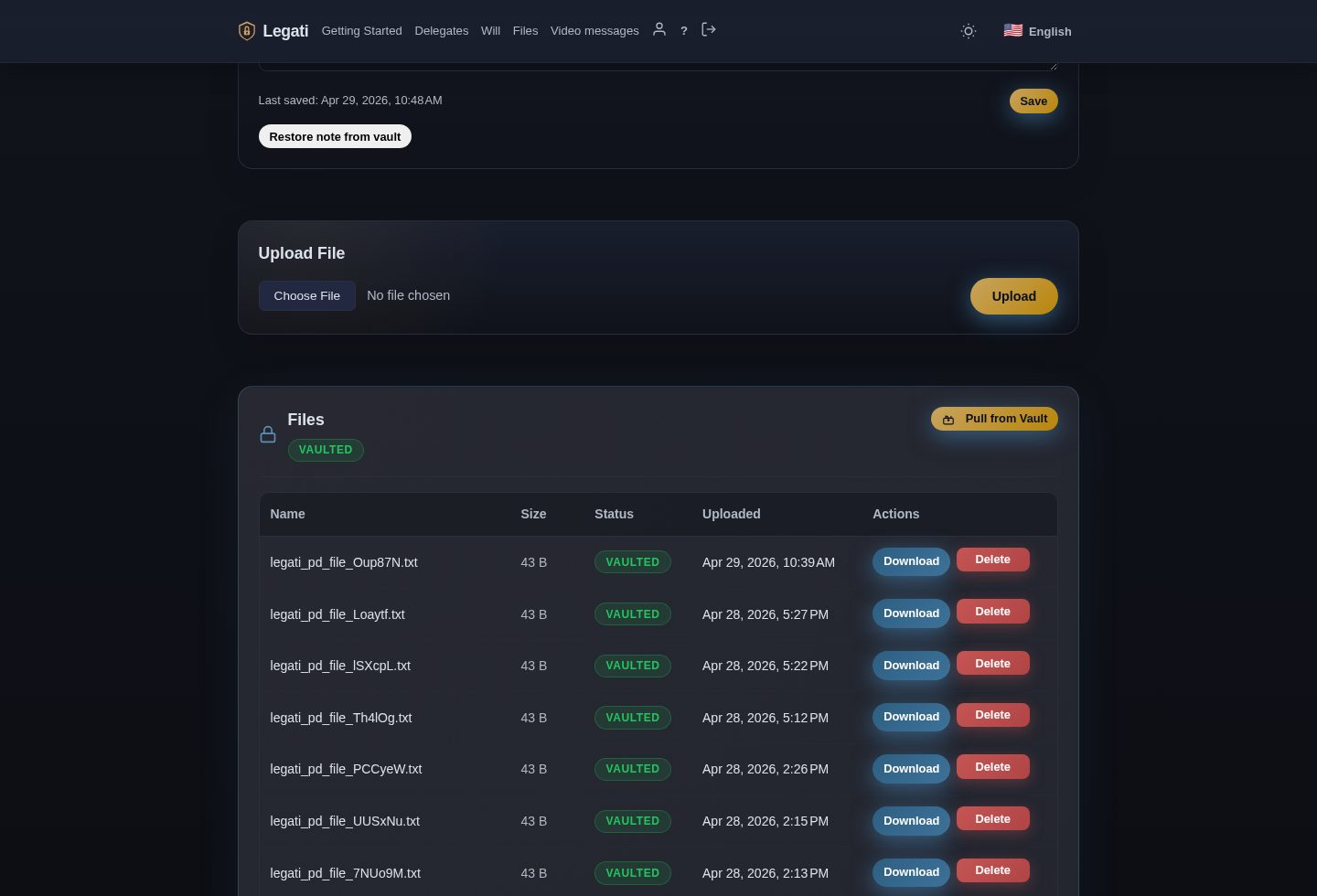 Legati dashboard file upload and vault area