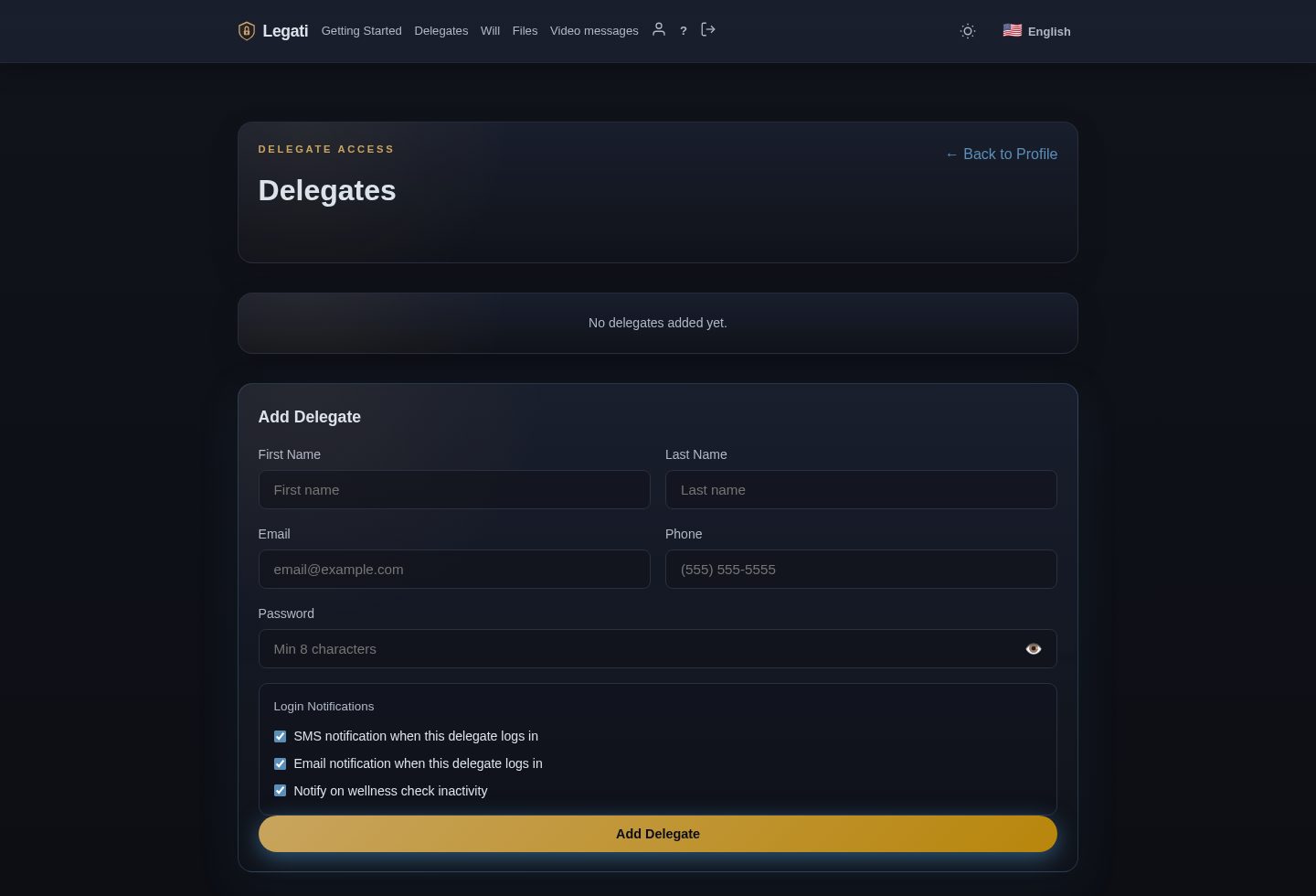 Legati delegate management screen