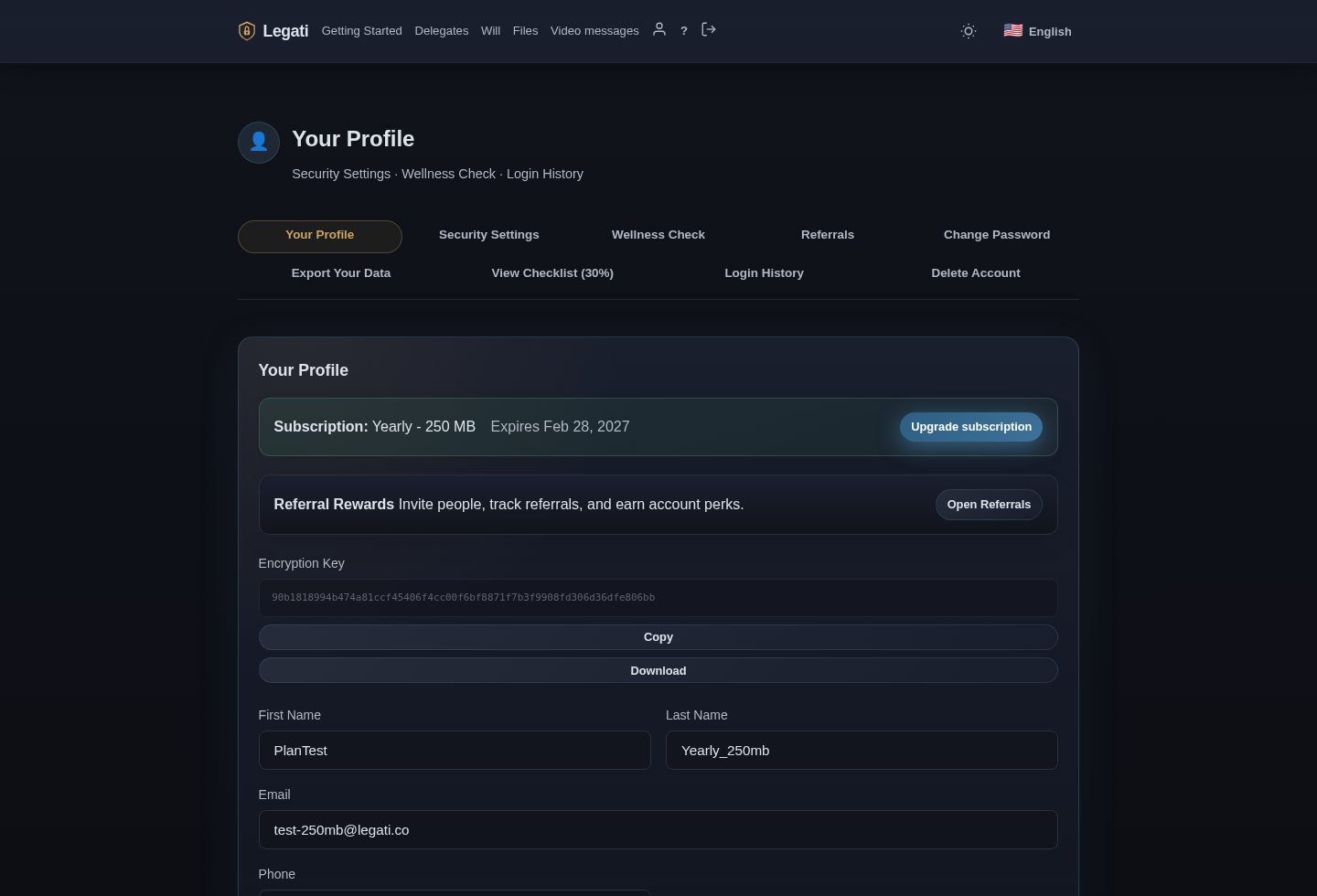 Legati wellness check settings